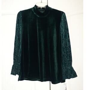 Calessa Green Velour "Velvet" Mock Neck Blouse L NEW Christmas Holidays